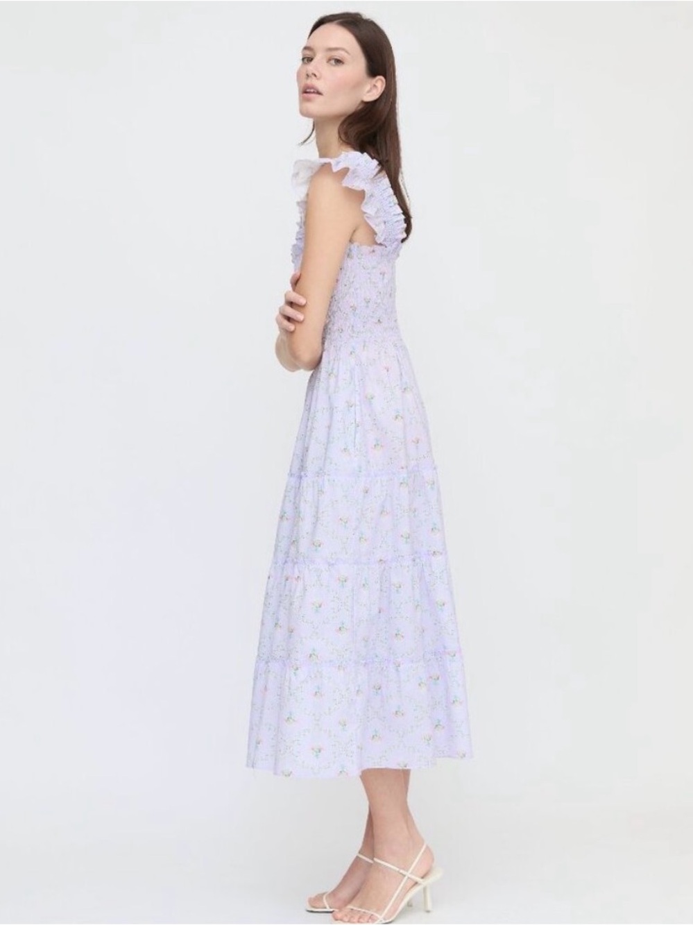 Hill House Lilac Floral Midi Dress with Ruffle Sleeves
